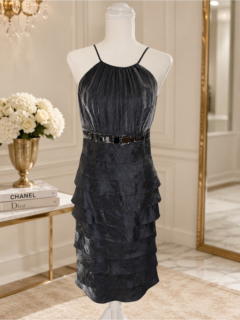 Adrianna Papell Charcoal Gray Tiered Ruffle Jeweled Dress Size 4